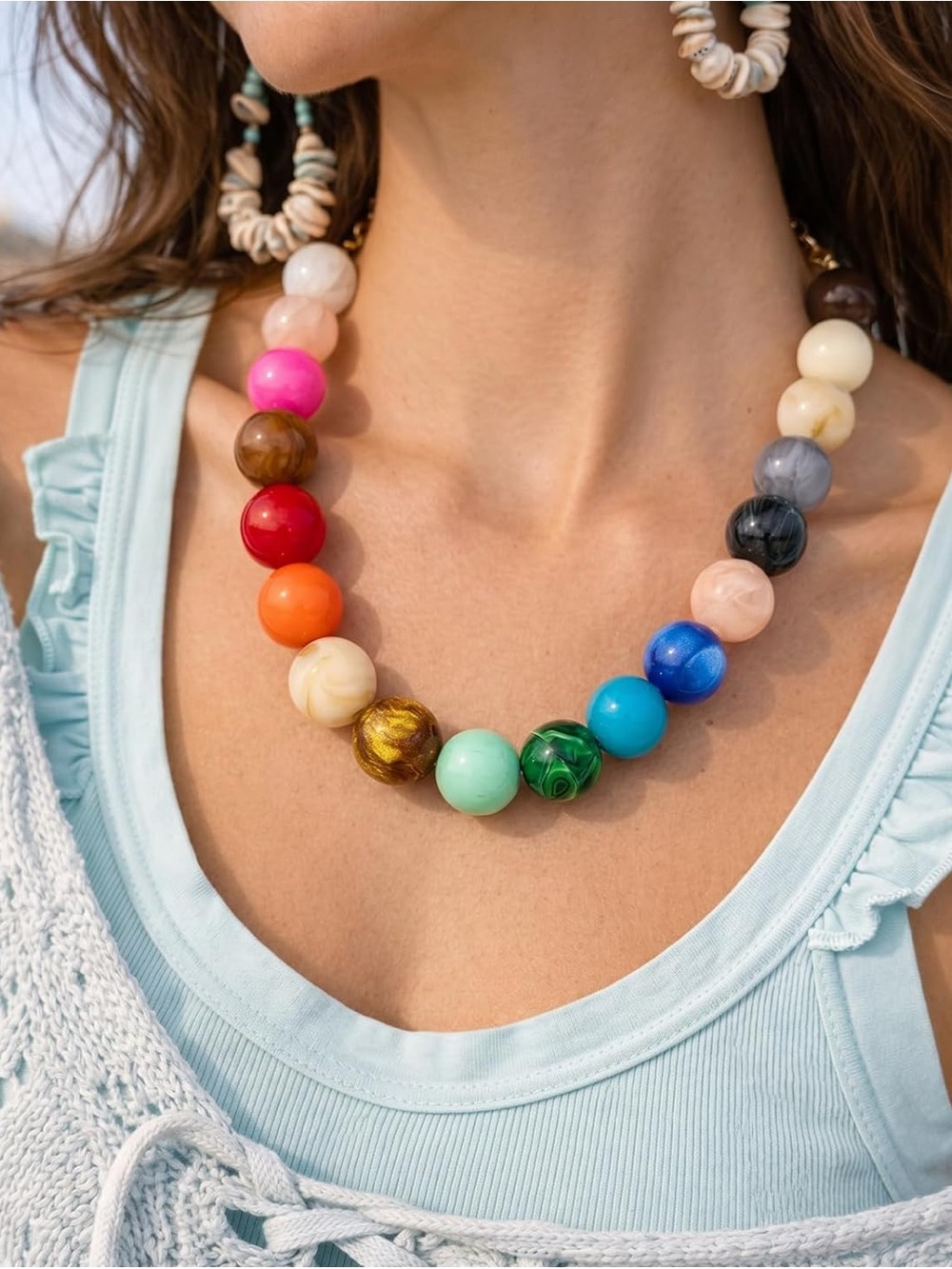New! Rainbow Dopamine Marbled Beaded Statement Necklace